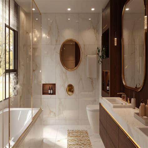 Contemporary White-Gold And Brown Bathroom Design With Round Mirror