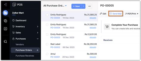 Actions that can be performed on purchase orders