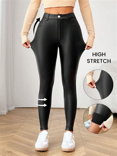 SHEIN EZwear Plus Size Women,Leather Pants,Black Pencil Pants, Simple ...