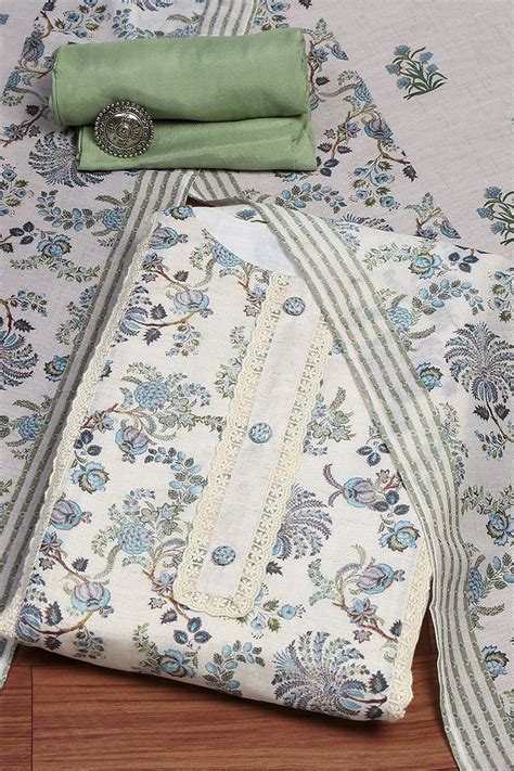 Buy White Blue Cotton Blend Machine Embroidered Unstitched Suit Set ...
