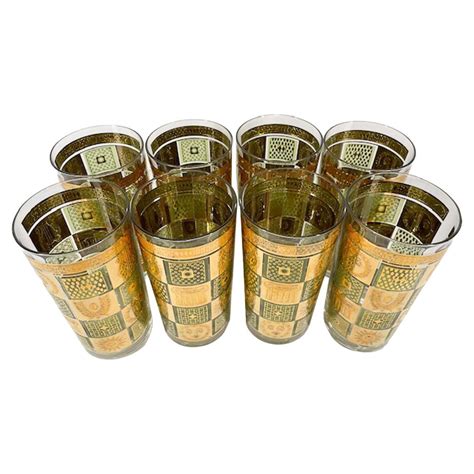 Eight Vintage Highball Glasses by Culver with Green Leaves and 22k Gold ...
