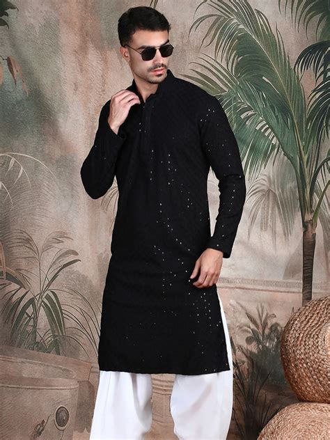 Men's Solid Chikankari Black Kurta Elegant Sequins Work – Sanwara Fashions