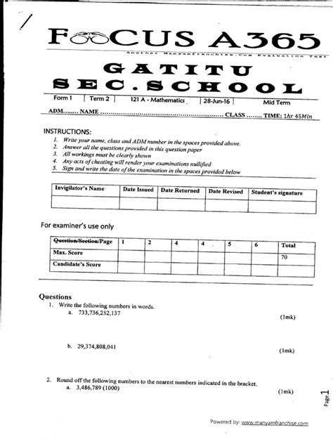Image result for Form 1 Mathematics Questions and Answers PDF