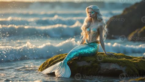 Mermaid sitting on rocks by the ocean during sunrise with gentle waves ...