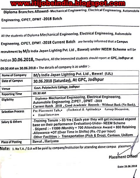 Campus interview For Diploma Engineer Company India Japan Lighting Pvt ...