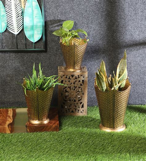 Gold Flower Pot Shape Planter Stand Set of 3 – Decors Mantra
