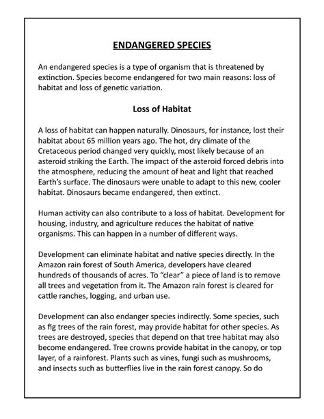 Endangered species - Species become endangered for two main reasons ...