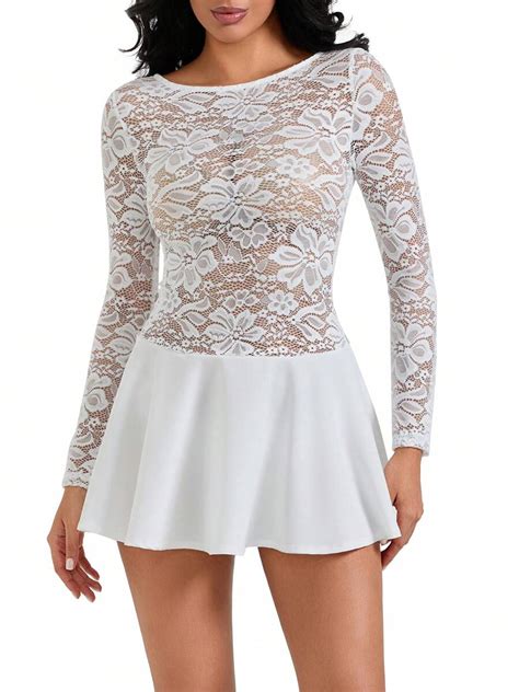 Women Lingerie Nightwear Mesh Lace Flower Pattern See Through Boat Neck ...