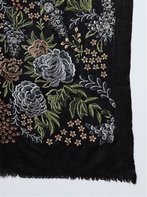Black Shawl with Intricate Floral Embroidery, woolen shawl, – modarta