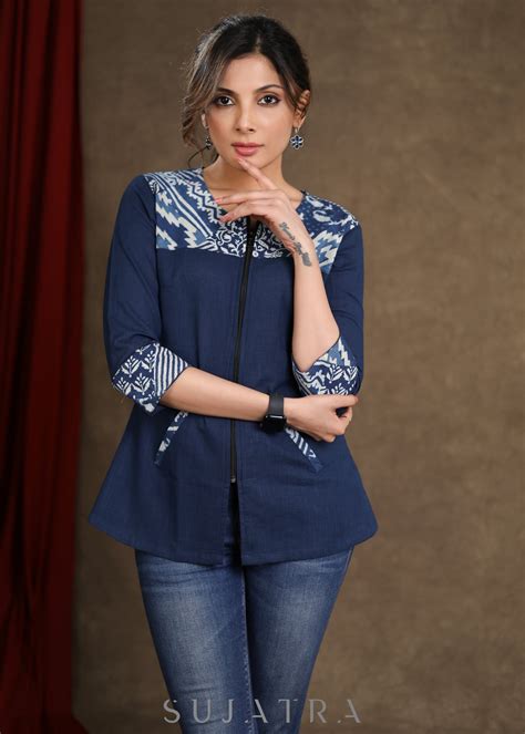 Trendy Cotton Top with Indigo Combination & Front Zip – Sujatra