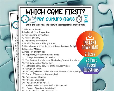 Pop Culture Trivia Game, Guess Which Came First Quiz,printable Game for ...