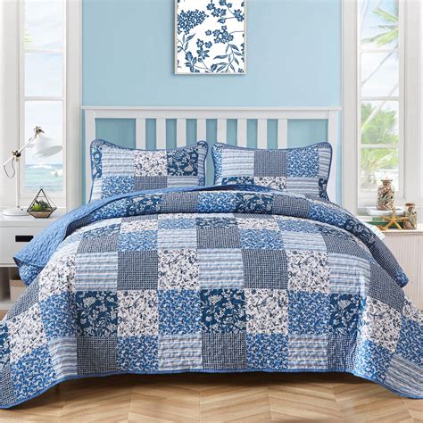Mybedsoul Blue Boho Quilt Set King Size,3 Pieces Plaid Floral Bedspread ...