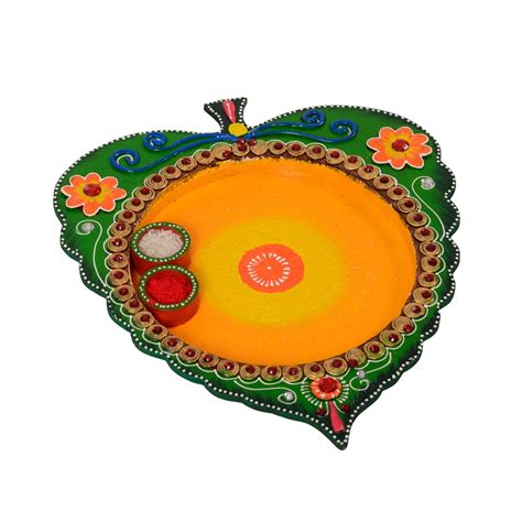 Wooden Papier Mache Designer Leaf Shape Pooja Thali - eCraftIndia Online