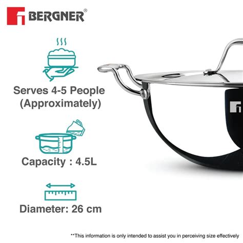 Bergner Argent Tri-Ply Stainless Steel Deep Kadai with Stainless Steel
