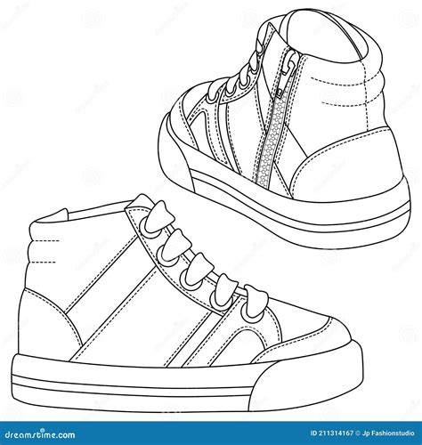 Kids Sneakers Outline Drawing. Boys Shoes Fashion Flat Sketch Template. Technical Athletic Shoe ...