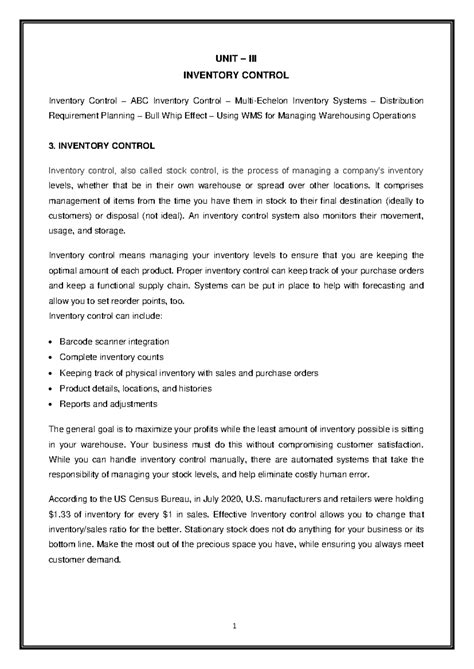 Warehouse Management - UNIT – III INVENTORY CONTROL Inventory Control ...