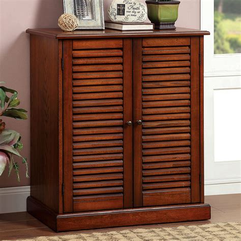 One Allium Way® Louvered Doors 5 - Shelf Oak Shoe Cabinet, Solid Wood ...