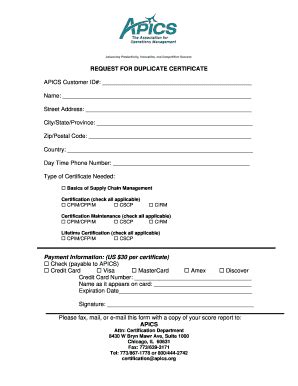 Fillable Online apics Duplicate Certificate Request Form - apics Fax ...