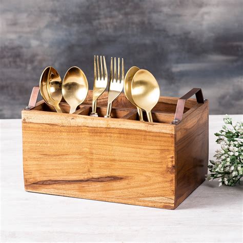 Buy Teak Wood Cutlery Holder with Copper Handle Online in India – Nestroots