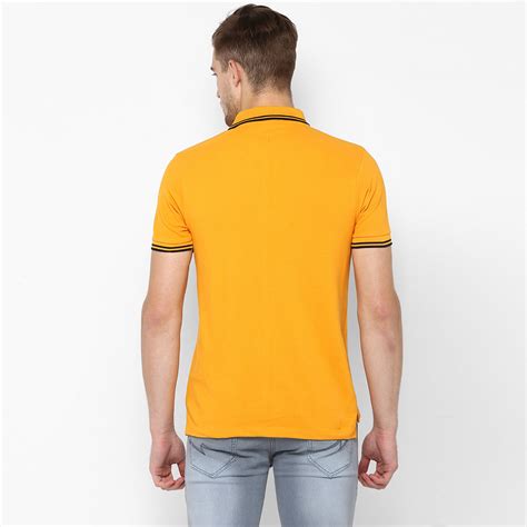 Men's Mustard Solid Mandarin Collar Slim Fit Cotton Polo T-Shirt ...