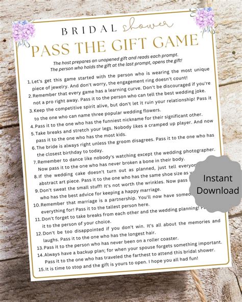 Pass the Gift Game Bridal Shower Printable Game, Bridal Shower Game ...