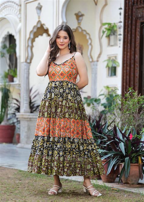 Introducing Hand block Printed Multicolor Midi Dress – thejaipurart.com