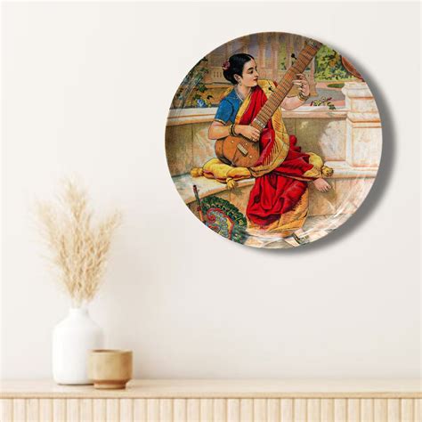 A seated Indian woman plays a sitar next to a garden pond by Ravi Varm ...