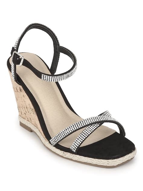 Black Micro Diamante Wedge Heel Sandals – Truffle Collection