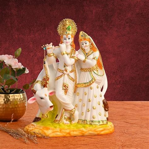 Buy Creating Ambiance Polyresin Marble Radha Krishna Cow Idol | Home ...