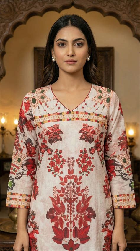 Off-White & Red Floral Jacquard Kurta Set with Chiffon Dupatta | Saanjaa
