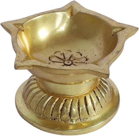 Buy Two Moustaches Ethnic Flower Carved 5 Oil Wicks Brass Diya, Pooja ...