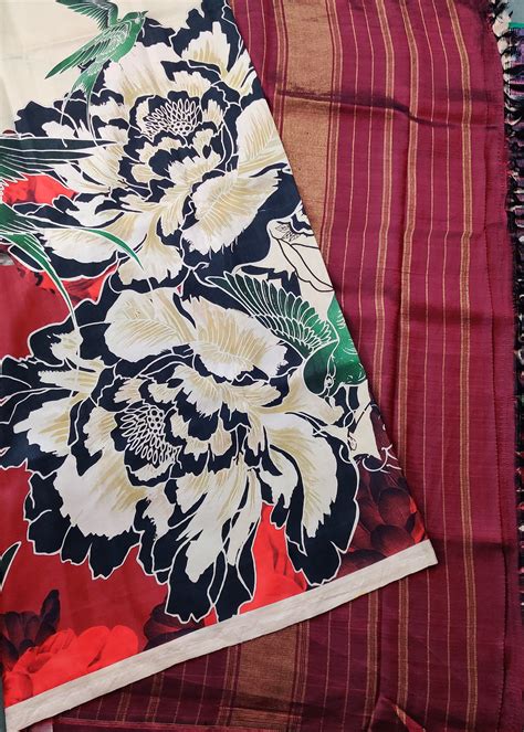 Cream Colour Borderless Kanchivaram Silk Saree With Digital Print All ...