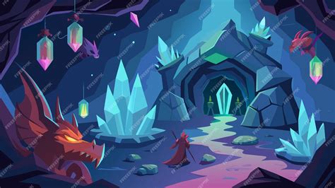 Premium Vector | A hidden cave filled with glowing crystals and guarded ...