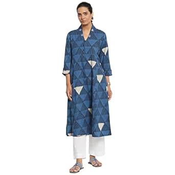 Fabindia Women Printed Straight Long Kurta Cotton_XS Blue : Amazon.in ...