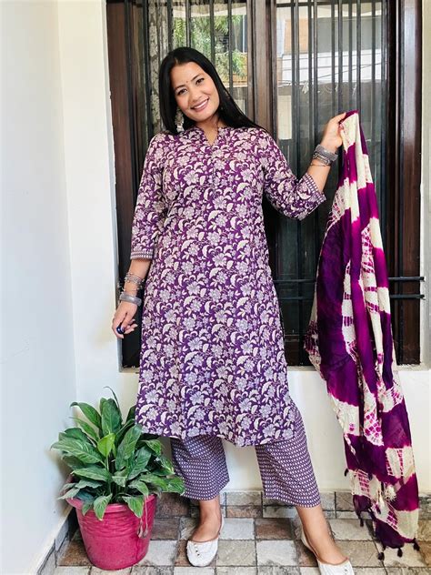Purple Floral Pure Cotton Suit Set with Kota Doria Dupatta – Shaayra