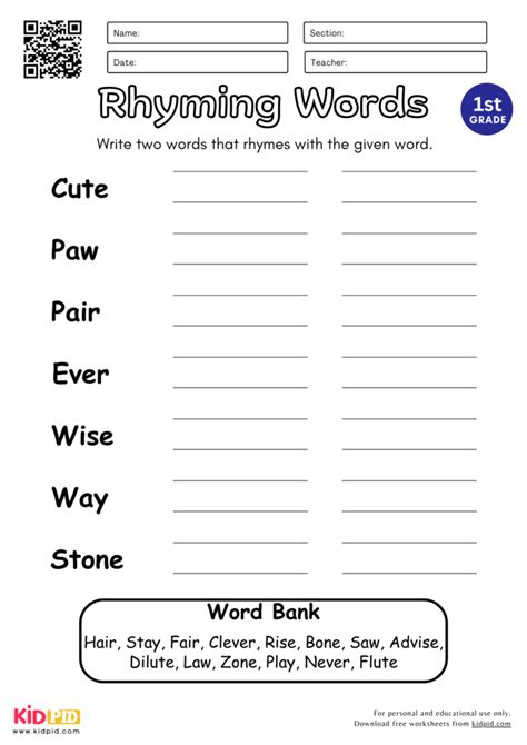 Find the Rhyming Words Worksheet for Grade 1 - Kidpid