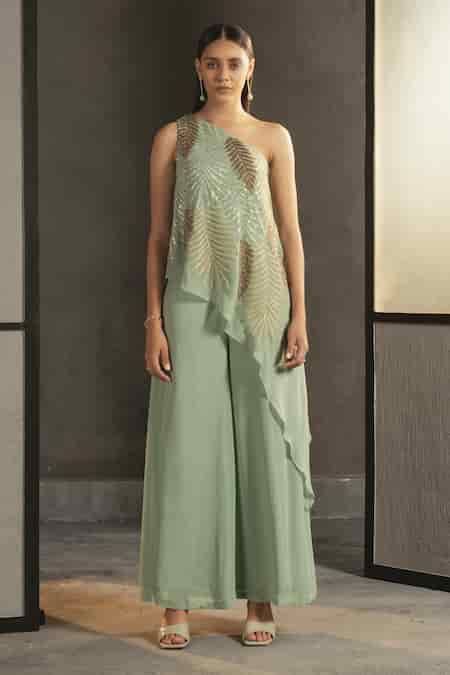 Buy Green Georgette Embroidery Asymmetric One-shoulder Overlay Jumpsuit ...