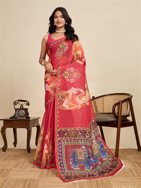 Buy Red Linen Saree With Jari Border All Over Single Colour Printed ...