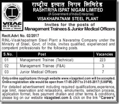 Vizag Steel RINL Recruitment 2017 Apply Online (Junior Trainee - 19 ...