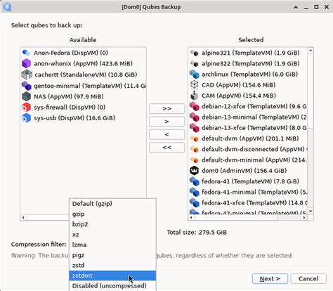 Qvm-backup compression filter execution time and output size comparison ...