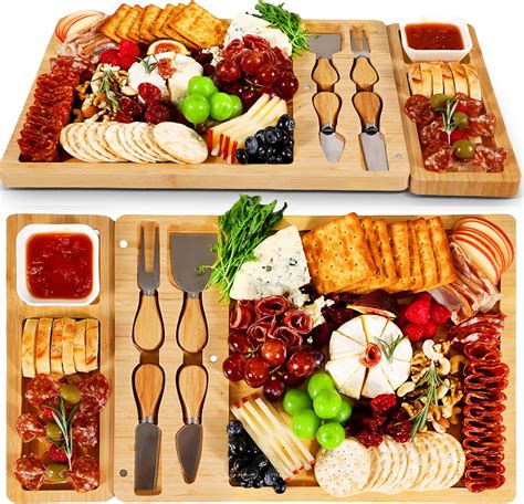 Amazon.com: Large Charcuterie Board and Knife Set Accessories – Bamboo Cheese Board Set with ...