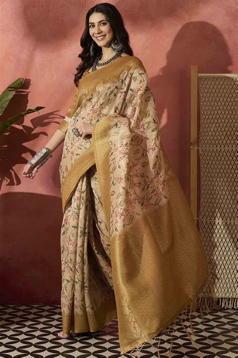 Cream Saree In Poly Cotton Featuring Intricate Floral Zari Weaving & T