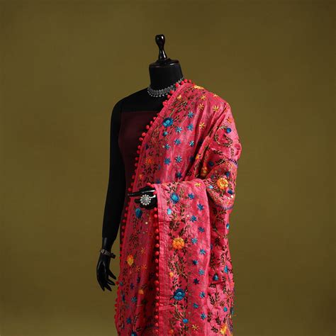 Pink Ranihati Chapa Work Chanderi Silk Hand Embroidery Dupatta with Pom Pom