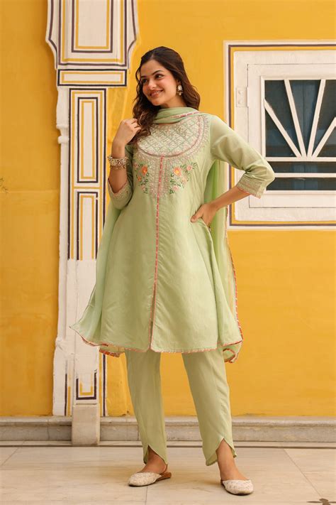 Pistagreen Chanderi Silk Zari Embroidered Anarkali Set – SCAKHI