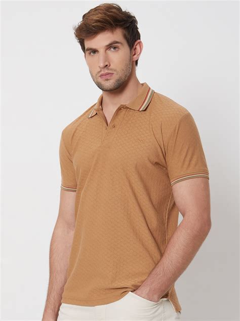 Buy Khaki Textured Tipped Collar Slim Fit Casual Polo Online at Muftijeans
