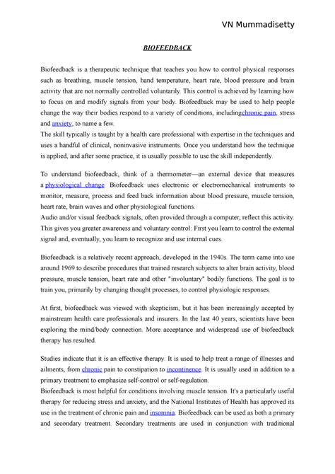 Biofeedback - VN Mummadisetty BIOFEEDBACK Biofeedback is a therapeutic ...