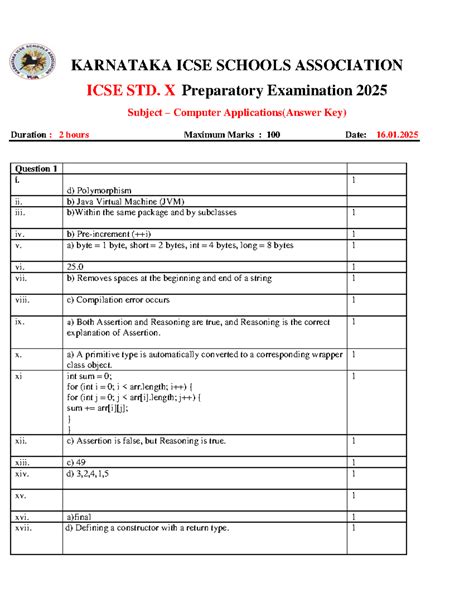 KISA ICSE Computer Applications Std. X Prep Exam 2025 Answer Key - Studocu