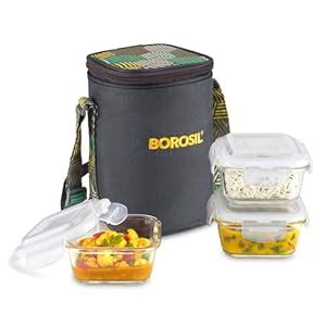 Buy Borosil Foodluck Olive Lunchbox with Bag | 3pc Square Container Set ...
