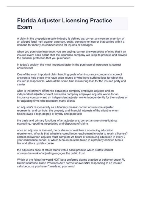 Florida Adjuster Licensing Practice Exam with correct answers 2024 ...