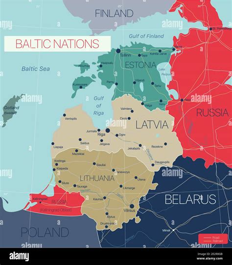 Baltic nations region detailed editable map with cities and towns, roads and railways. Vector ...